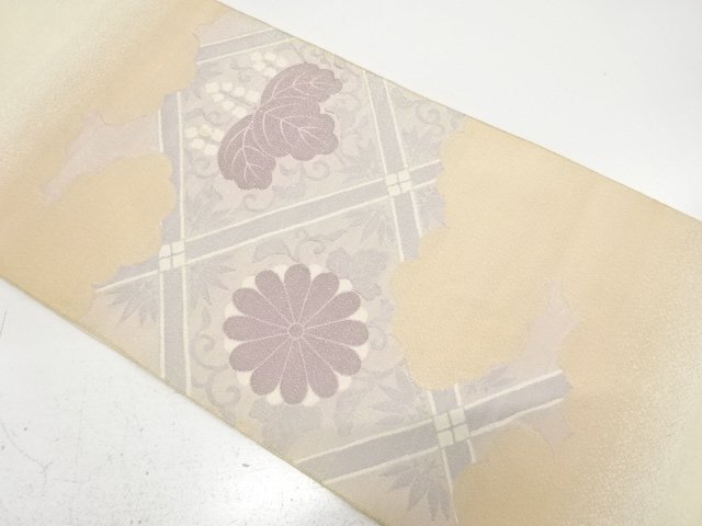 アンティーク　綴れ　逆雲取りに格天井・桐・菊模様織り出し袋帯（材料）